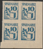 1930 Romania - Marca de economii SPARMARKE Sibiu, bloc de 4 timbre fiscale, Istorie, Nestampilat