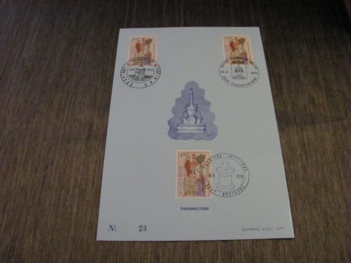 3 Timbre Obliterate cu Ștampile Speciale Spa, Ediție Limitată Echophil ,Carton Filatelic Belgia 1975 &ndash;Thermalisme