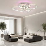 Lustra LED cu telecomanda si cristal NOVA ROTONDA RGB, 152W, 6 Cercuri, lumina Rece/Calda/Neutra, Dimabila, Crom Lucios