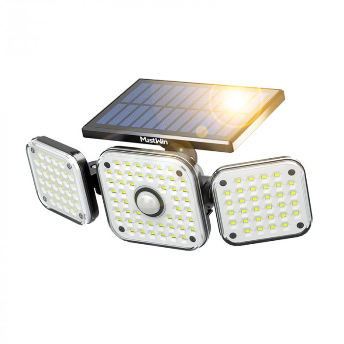 Lampa solara de perete MustWin, 2400mAh, 5000 K, 1000 lm, 112 x LED, 3 moduri, senzor miscare