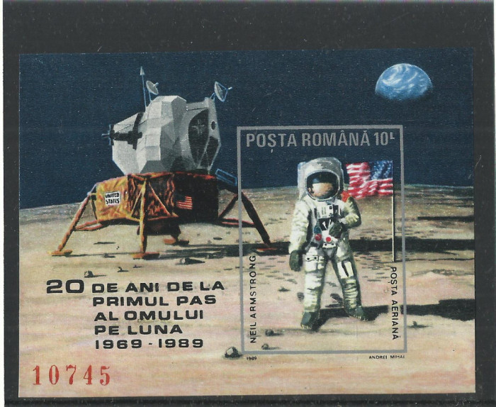 TSV$ - 1989 LP 1229 20 ANI PRIMUL PAS AL OMULUI PE LUNA, COLITA NED. MNH**