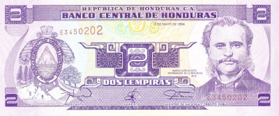 Bancnota Honduras 2 Lempiras 1994 - P72c UNC foto