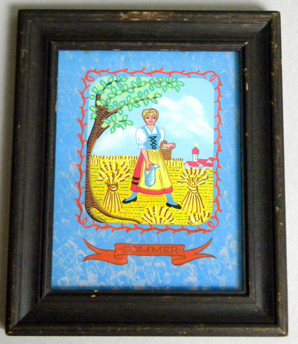 Vara - pictura pe sticla, tablou traditional sasesc vintage cca 1940, 19 x 23cm