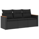 Set mobilier de gradina cu perne, 3 piese, negru, poliratan
