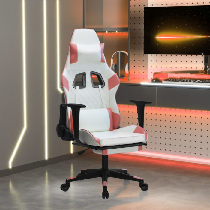 vidaXL Scaun de gaming cu suport picioare, alb/roz, piele ecologică