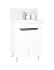 Baza si lavoar ceramic GN7561, mobilier baie stativ 60 cm, circular, front MDF, 2 usi, 1 raft, picioare cromate reglabile, alb/antracit