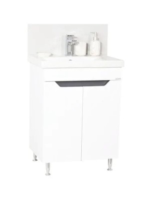 Baza si lavoar ceramic GN7561, mobilier baie stativ 60 cm, circular, front MDF, 2 usi, 1 raft, picioare cromate reglabile, alb/antracit foto