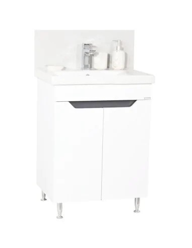 Baza si lavoar ceramic GN7561, mobilier baie stativ 60 cm, circular, front MDF, 2 usi, 1 raft, picioare cromate reglabile, alb/antracit