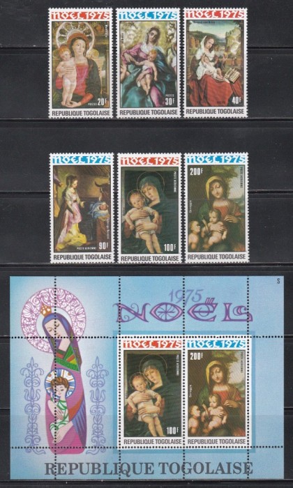 Togo 1975 - Crăciun - Picturi Madona și Copil de El Greco, Bellini, Correggio s.a., Serie + Pa + Colita, SET COMPLET, MNH