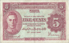 1941 ( 1 VII ) , 5 cents ( P-7b ) - Malaya foto