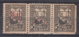 ROMANIA 1918 EMISIUNEA 1916 TESATOAREA SUPRATIPAR 1918 STRAIF 3 TIMBRE 5 BANI SUPRATIPAR ROSU EROARE DOUA TIMBRE SUPRATIPAR+UN TIMBRU FARA STARE MNH