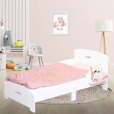 Pat Copii cu Protectie Laterala si Raft Depozitare Carti si Jucarii, Model Curcubeu, Patut pentru Fetite Varsta de 3 - 8 Ani, Mobilier din Lemn MDF, A