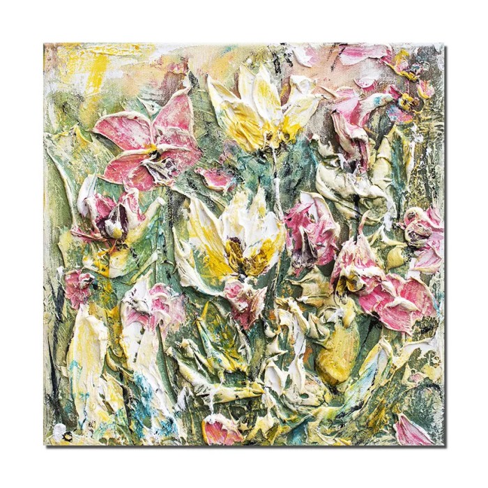 Tablou 3D cu flori pictat manual, Frumoasele mele, 30x30cm acril pe panza in cutit, Kenny Varniote