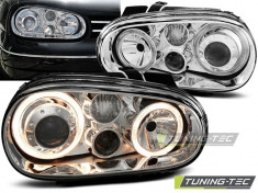 Faruri sport tuning Angel Eyes VW Golf 4 look R32 crom cu lupa NOU foto