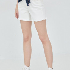 Superdry pantaloni scurti jeans femei, culoarea alb, neted, medium waist
