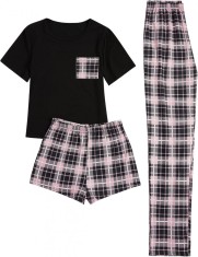dusa Set pijamale 3 piese pentru femei cu imprimeu in carouri Tricou ?i pantaloni scur?i Set pijama negru ?i roz mare foto