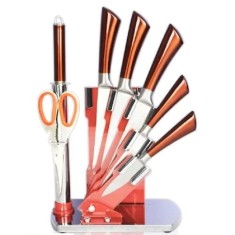 Set cutite cu 8 piese, confectionate din inox, cu manere solide, ergonomice, cu suport de depozitare, foarfeca si pila pentru ascutit