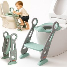 Reductor WC pentru Copii cu Scarita, Linomag&reg;, Plabil, Reglabil pe Inaltime, Colac Moale, 42.6 x 55 x 41.5 cm, Gri / Mint