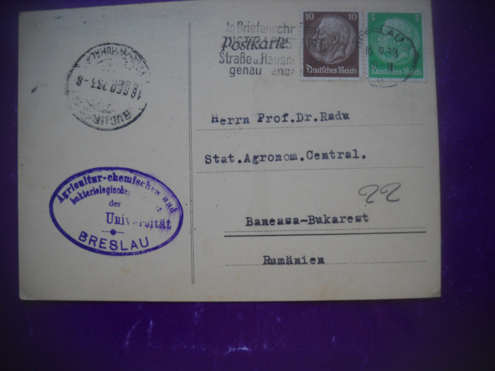 HOPCT 323 X GERMANIA 1933 INSTITUTUL AGRICOL UNIVERSITATEA BRESLAU -CIRCULATA