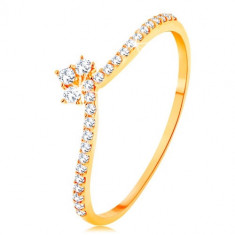 Inel din aur galben de 14K - linii din zirconii transparente pe brațe, coroană strălucitoare - Marime inel: 60