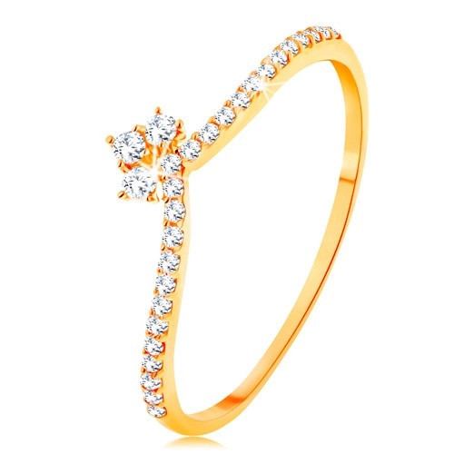 Inel din aur galben de 14K - linii din zirconii transparente pe brațe, coroană strălucitoare - Marime inel: 56