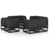 Set mobilier gradina Gossi, 9 piese, lemn masiv pin, negru/antracit, perne incluse, 8 locuri