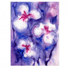 E37. Tablou Flori pe fond violet, 2022, acuarela format mic, neinramata, 18x24cm