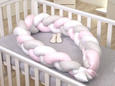 Protectie laterala patut bebe bumper impletit inchidere velcro bumbac White Pink Grey 210 cm foto