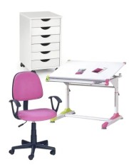 Set birou ergonomic HM Collorido inaltime reglabila, unghi inclinare ajustabil, cu scaun HM Darian Bis roz, stofa, 80 kg si dulapior rulant HM Simon 2
