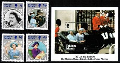 Falkland 1985, Mi #427-430 + Bl 5**, Regina mama Elisabeta, MNH! Cota 12 &amp;euro;! foto