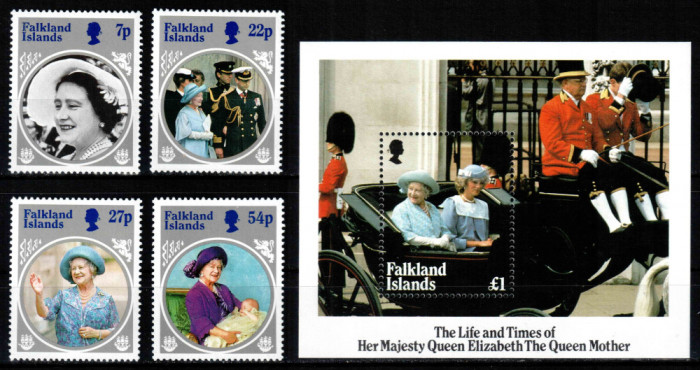 Falkland 1985, Mi #427-430 + Bl 5**, Regina mama Elisabeta, MNH! Cota 12 &euro;!