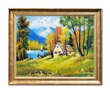 Cumpara ieftin Tablou inramat peisaj montan cu casa si iole, Colt de rai, 50x40cm ulei pe panza, Constantin Feraru