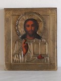 Icoana pe lemn ferecata, Isus Pantocrator, sec 19, doc aut. exp 27x22,7cm