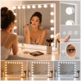Oglindă de machiaj Hollywood, albă, 80x60 cm, cu 18 LED-uri, iluminată și lupă X10