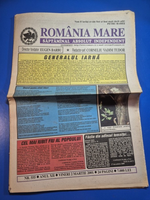 ziarul romania mare 2 martie 2001 - redactor sef corneliu vadim tudor