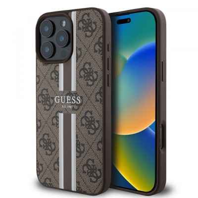 Husa MagSafe pentru Apple iPhone 16 Pro Max, Guess, 4G Printed Stripes, Maro foto