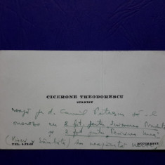 Autografe:Cicerone Theodorescu catre Camil Petrescu - Carte de vizita , olograf