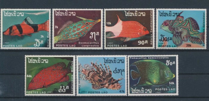LAOS 1987-PESTI-SERIE COMPLETA DE 7 timbre NESTAMPILATE