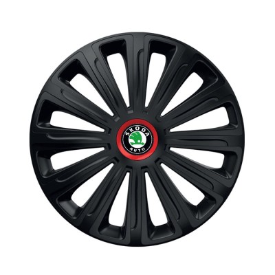 Set 4 Capace Roti pentru Skoda, model Trend Black Cu Inel Rosu, R15 foto