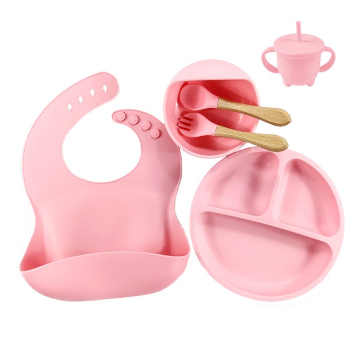 Set hranire bebe din silicon, Darklove, 1 baveta, 1 farfurie compartimentata, 1 bol cu ventuza, lingurita si