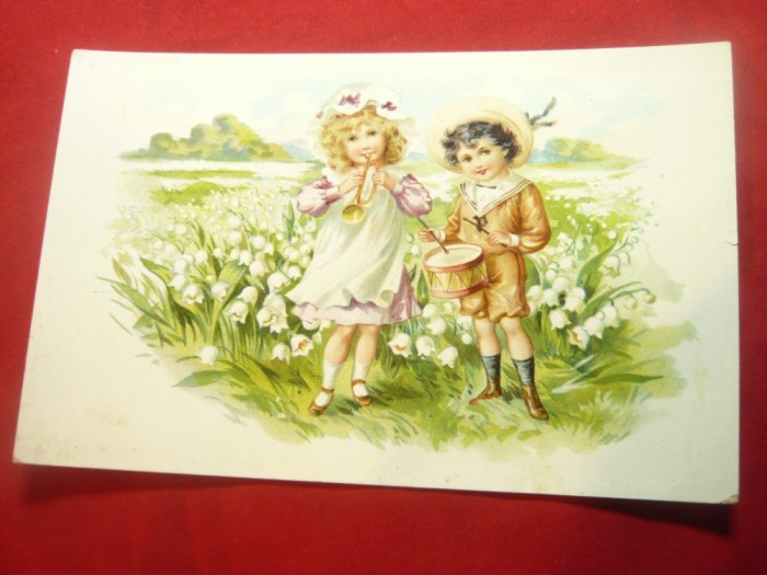 Ilustrata Felicitare- Fetita si Baietel tobosar intre flori ,inc.sec.XX