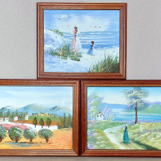 Primavara romantica - 3 tablouri originale picturi in ulei pe carton, inramate