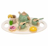 Set de ceai din lemn pentru copii, 14 piese, cu tava inclusa, multicolor
