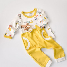 Set bluzita cu maneca lunga si pantaloni lungi, 100% bumbac organic, BabyCosy, Galben (Marime: 12-18 Luni)