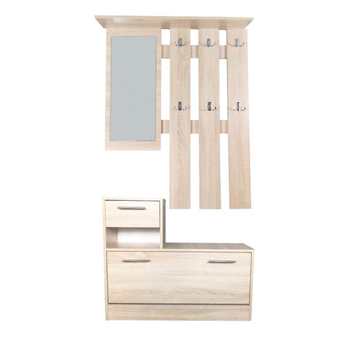 Cuier cu oglinda si pantofar, stejar, 90x24x191 cm
