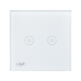 Intrerupator dublu touch cu dimmer PNI SafeHome DIM202, 2x700W, sticla alba, fara nul