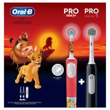 Periuta de dinti electrica Oral-B Pro Kids Lion King pentru copii, Curatare 2D, 2 programe, 1 capat, 4 autocolante, trusa de calatorie, Rosu + Periuta