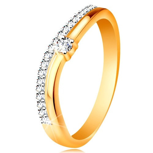Inel din aur de 14K, braţe ondulate cu decupaj &icirc;n mijloc şi zirconii transparente - Marime inel: 51