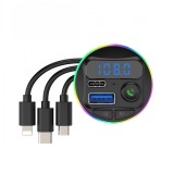 Incarcator auto cu mp3 player, flippy, port usb fast charge qc3.0 si type c, pd 20w, bluetooth, 3 mufe de incarcare, negru