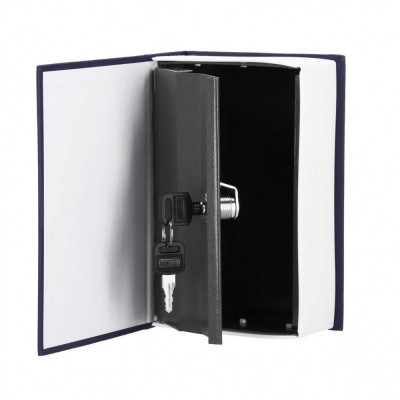 Seif, caseta valori, cutie metalica cu cheie, portabila, tip carte, albastru, 11.5x5.5x18 cm, Springos foto